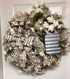 Farmhouse Mason Jar Wreath,  Mason Jar Spring Wreath, Farmhouse cotton Wreath, Cotton Wreath, Natural Wreath, Mason Jar Wreath