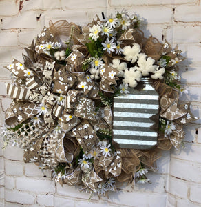 Farmhouse Mason Jar Wreath,  Mason Jar Spring Wreath, Farmhouse cotton Wreath, Cotton Wreath, Natural Wreath, Mason Jar Wreath