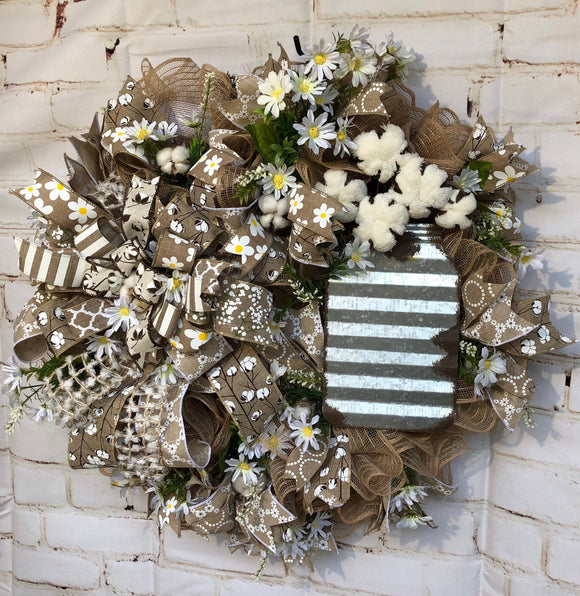 Farmhouse Mason Jar Wreath,  Mason Jar Spring Wreath, Farmhouse cotton Wreath, Cotton Wreath, Natural Wreath, Mason Jar Wreath