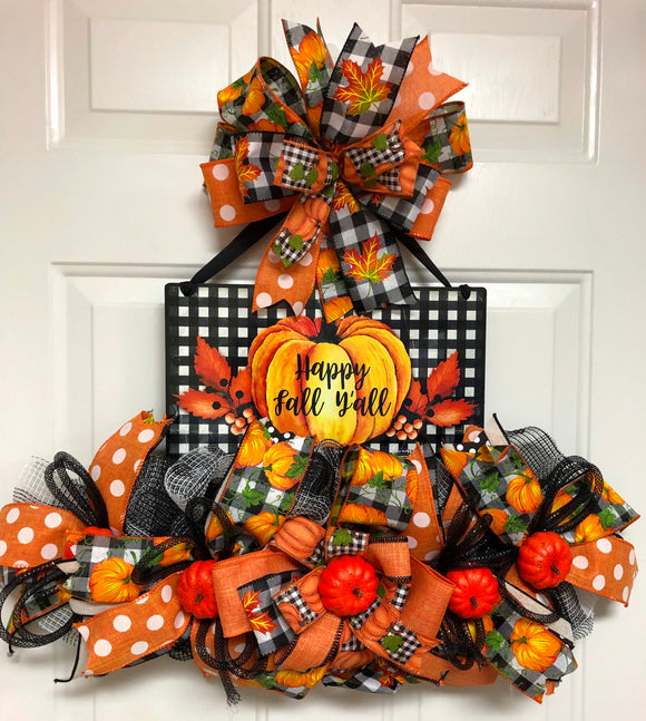 Happy Fall Ya’ll, Fall Harvest Wreath, Fall Hanger, Plaid Fall Hanger, Plaid Fall Wreath