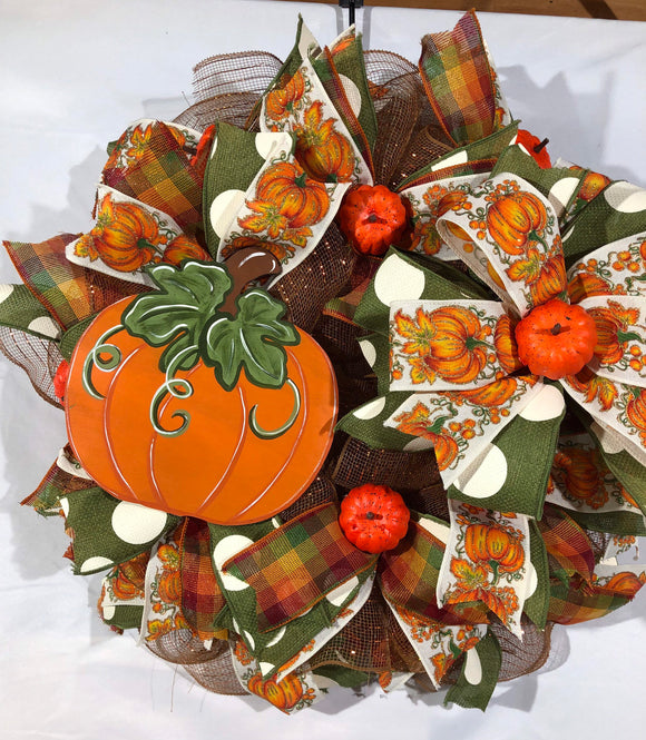 Fall Harvest Wreath with Hand Painted Pumpkin Sign