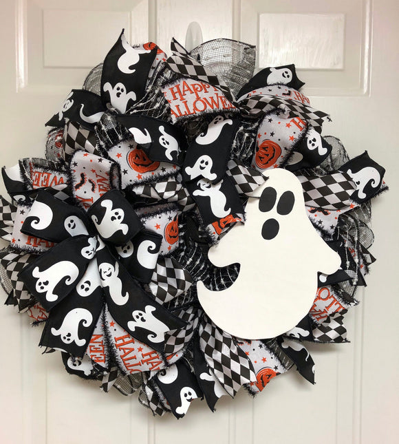 Halloween Mesh Wreath, Front Door Wreath, Boo Ghost Wreath, Halloween Wreath, Ghost Wreath,