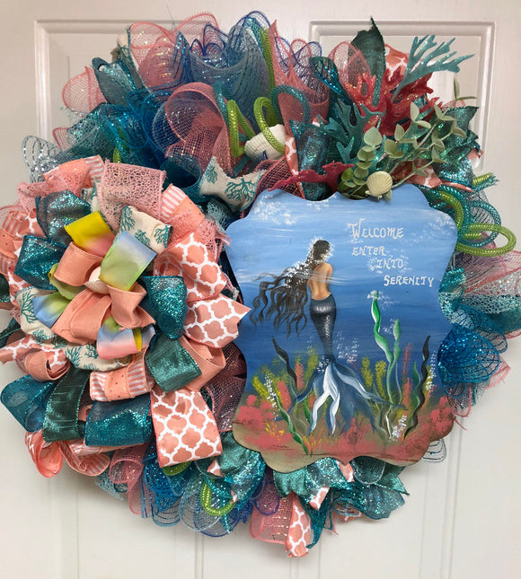 Coastal Wreath,Mermaid,Beach wreath for front door,Hotel Decor,Nautical wreath, Beach wreath ,Everyday Wreath , Mermaid door hanger,