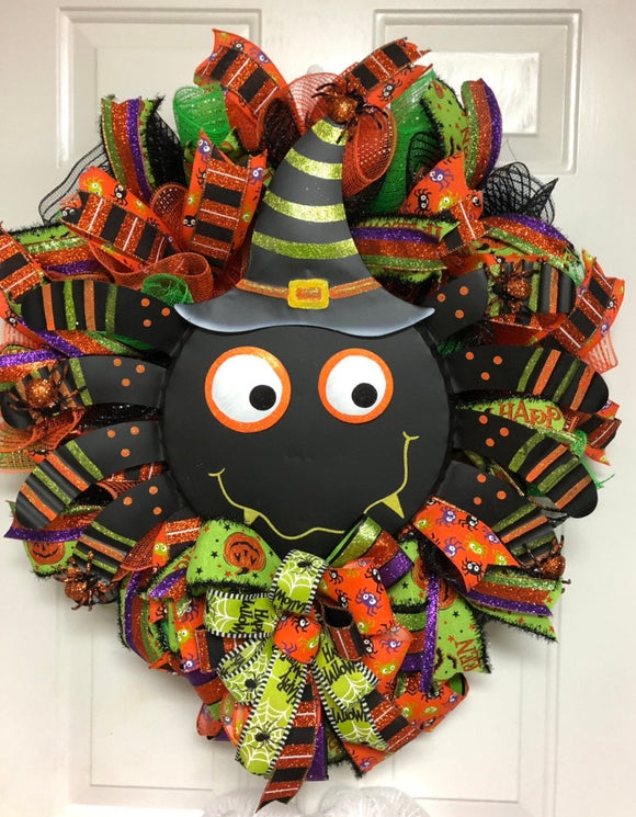 Silly Halloween Spider Deco Mesh Wreath LX