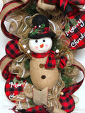 Rustic Snowman Wreath, Red and Black Plaid Snowman, Deco Mesh Snowman Swag