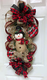 Rustic Snowman Wreath, Red and Black Plaid Snowman, Deco Mesh Snowman Swag