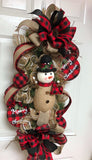 Rustic Snowman Wreath, Red and Black Plaid Snowman, Deco Mesh Snowman Swag