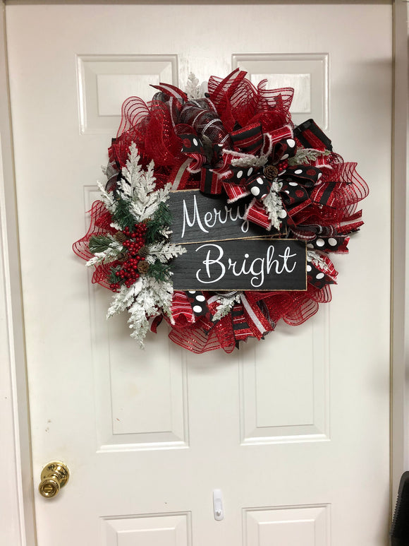 Flocked Evergreen Merry & Bright Christmas Wreath