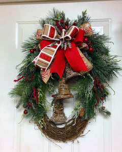 Rustic Bell Grapevine Wreath, Grapevine Christmas Evergreen Bell Wreath, Burlap Bell Holiday Wreath, Creative Designs by JL