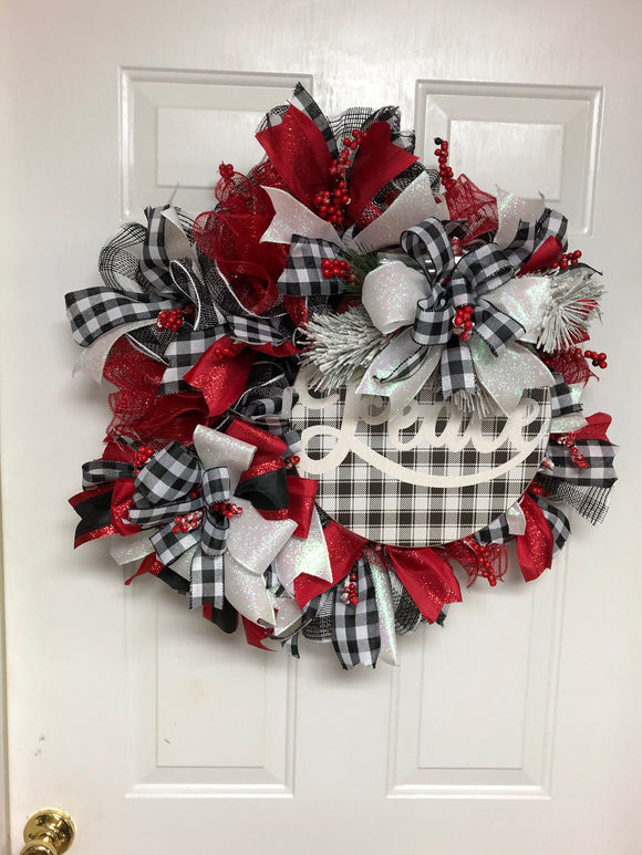 Christmas Peace Black and White Plaid Door Wreath