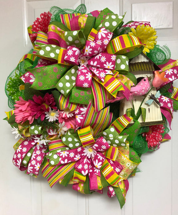 Spring Birdhouse Wreath, Birdhouse Wreath, Flower and Bird Wreath, Creative Designs by JL