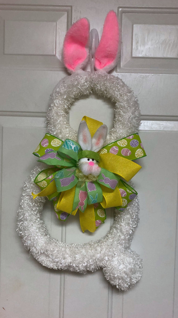 Yellow and Green Bunny Wreath, Fluffy Bunny Hanger, Bunny Ear Hanger, Rabbit Decor, Easter Decor, Door Hanger