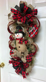 Rustic Snowman Wreath, Red and Black Plaid Snowman, Deco Mesh Snowman Swag