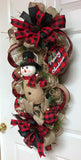 Rustic Snowman Wreath, Red and Black Plaid Snowman, Deco Mesh Snowman Swag