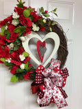 Valentine Red and White Floral Grapevine Wreath, Elegant Valentine Wreath, Heart Grapevine Wreath, Grapevine Valentine Wreath