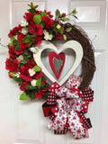 Valentine Red and White Floral Grapevine Wreath, Elegant Valentine Wreath, Heart Grapevine Wreath, Grapevine Valentine Wreath