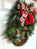 Rustic Bell Grapevine Wreath, Grapevine Christmas Evergreen Bell Wreath, Burlap Bell Holiday Wreath, Creative Designs by JL