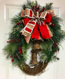 Rustic Bell Grapevine Wreath, Grapevine Christmas Evergreen Bell Wreath, Burlap Bell Holiday Wreath, Creative Designs by JL