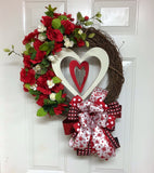 Valentine Red and White Floral Grapevine Wreath, Elegant Valentine Wreath, Heart Grapevine Wreath, Grapevine Valentine Wreath