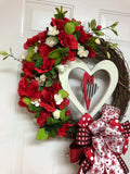 Valentine Red and White Floral Grapevine Wreath, Elegant Valentine Wreath, Heart Grapevine Wreath, Grapevine Valentine Wreath