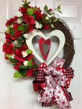 Valentine Red and White Floral Grapevine Wreath, Elegant Valentine Wreath, Heart Grapevine Wreath, Grapevine Valentine Wreath