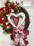 Valentine Red and White Floral Grapevine Wreath, Elegant Valentine Wreath, Heart Grapevine Wreath, Grapevine Valentine Wreath