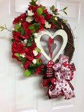 Valentine Red and White Floral Grapevine Wreath, Elegant Valentine Wreath, Heart Grapevine Wreath, Grapevine Valentine Wreath