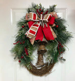 Rustic Bell Grapevine Wreath, Grapevine Christmas Evergreen Bell Wreath, Burlap Bell Holiday Wreath, Creative Designs by JL