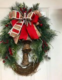 Rustic Bell Grapevine Wreath, Grapevine Christmas Evergreen Bell Wreath, Burlap Bell Holiday Wreath, Creative Designs by JL