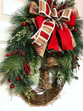 Rustic Bell Grapevine Wreath, Grapevine Christmas Evergreen Bell Wreath, Burlap Bell Holiday Wreath, Creative Designs by JL