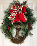 Rustic Bell Grapevine Wreath, Grapevine Christmas Evergreen Bell Wreath, Burlap Bell Holiday Wreath, Creative Designs by JL