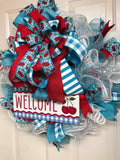 Summer Red and Turquoise Cherry Wreath, Welcome Cherry Theme Wreath