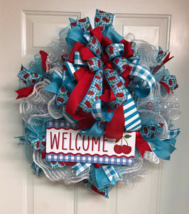 Summer Red and Turquoise Cherry Wreath, Welcome Cherry Theme Wreath