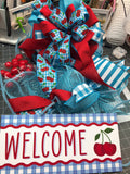 Summer Red and Turquoise Cherry Wreath, Welcome Cherry Theme Wreath