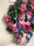 Tropical Flamingo Hibiscus Luau Hawaii Wreath for front door