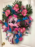 Tropical Flamingo Hibiscus Luau Hawaii Wreath for front door