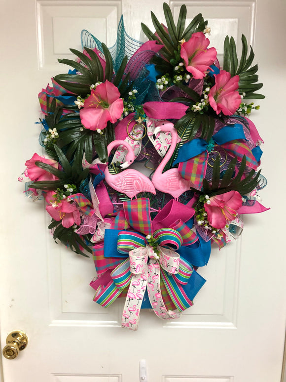 Tropical Flamingo Hibiscus Luau Hawaii Wreath for front door