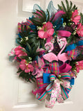 Tropical Flamingo Hibiscus Luau Hawaii Wreath for front door