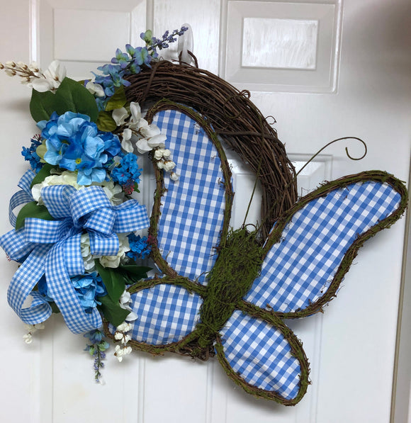 Butterfly Floral Grapevine, Spring Butterfly Floral Wreath, Blue Plaid Butterfly Wreath, Butterfly Wall Decor.