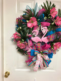 Tropical Flamingo Hibiscus Luau Hawaii Wreath for front door