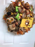 Beautiful Fall Owl Burlap Fall Wreath, Deco Mesh Owl Wreath