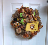 Beautiful Fall Owl Burlap Fall Wreath, Deco Mesh Owl Wreath