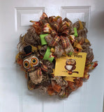 Beautiful Fall Owl Burlap Fall Wreath, Deco Mesh Owl Wreath