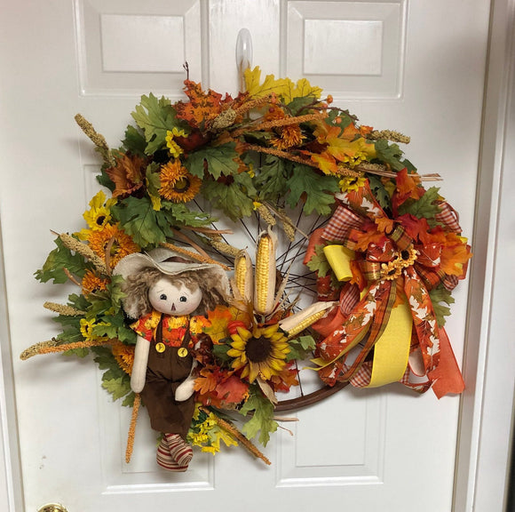 Fall Scarecrow Bicycle Wheel Wreath