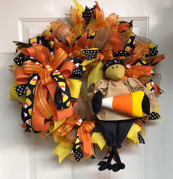 Fall Candy Corn Crow Wreath, Candy Corn Door Hanger, Halloween Party Decorations