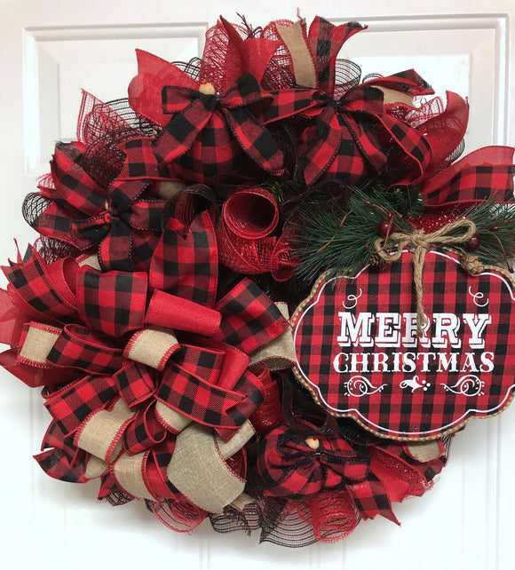 Buffalo Plaid Evergreen Merry Christmas Wreath