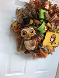 Beautiful Fall Owl Burlap Fall Wreath, Deco Mesh Owl Wreath