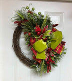 Christmas Grapevine Red and Lime Green Wreath