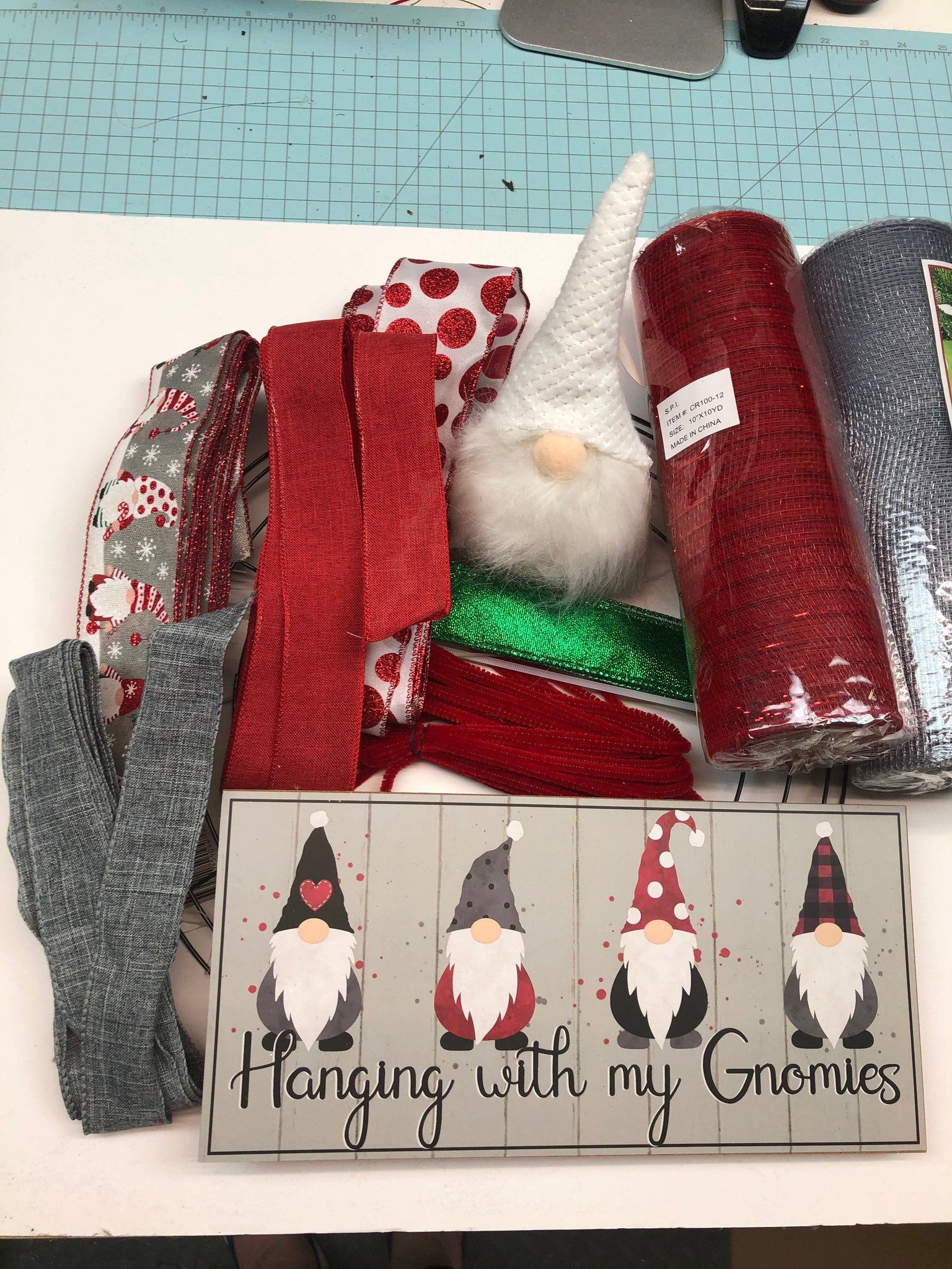 Gray and Red Christmas Gnome Wreath Kit - fashion Ribbon Kit - DIY Wreath Kit